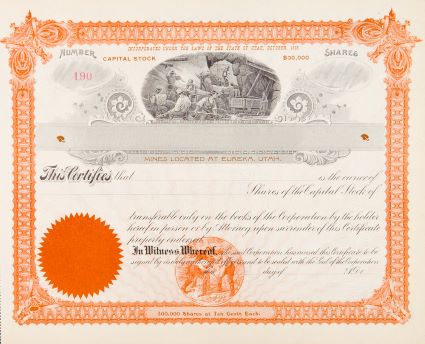 Miner"s Stock Certificate Eureka Utah