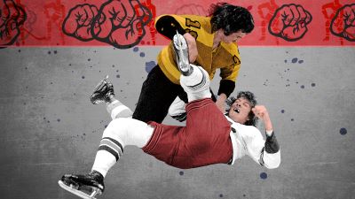 Two hockey players fighting