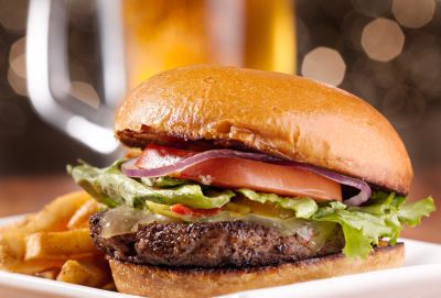 Cheeseburger and beer mug